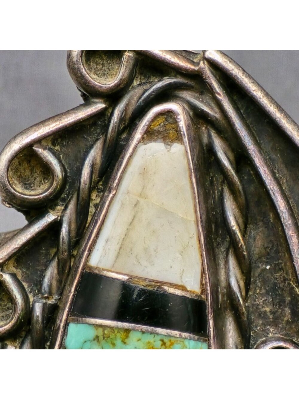 Vintage Southwestern 925 Sterling White Buffalo Turquoise Onyx Inlay Ring READ - Picture 3 of 15